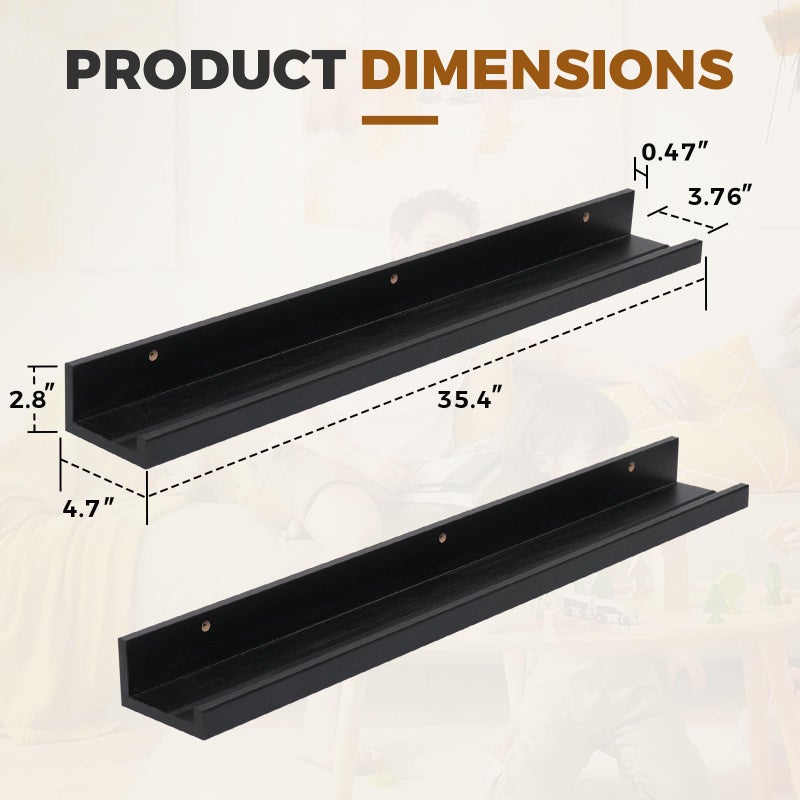 Muzilife 35.4" Large Floating Wall Ledge Shelves with Lip - Set of 2 Wood Floating Shelves - Black Wall Mounted Picture Ledge for Office, Bathroom, Bedroom, Living Room, Kitchen - Image 2